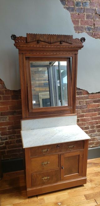Antique Wash Stand With Swivel Mirror And Marble Top