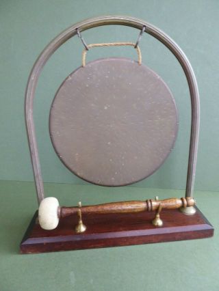 Orig Antique - Vintage Early 20thc Brass&wooden Table Dinner Gong & Striker