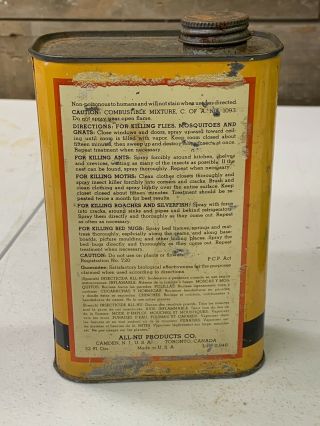 Vintage 1930 ' s ALL NU Fly And Insect Poison Spray Metal Can Gas Oil Sign - Empty 3
