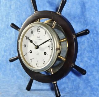 Vtg.  Schatz ROYAL MARINER Ship ' s 8 Day,  8 Bell Key Wind Clock,  Wood Wheel,  EUC 3