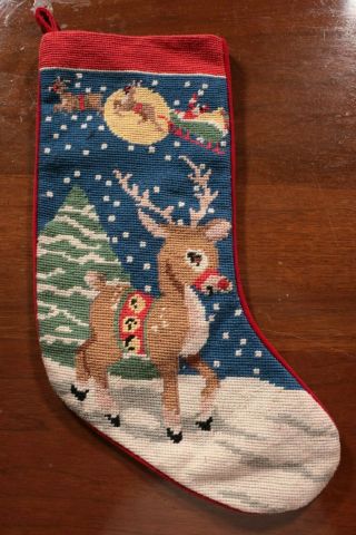 Vintage 90s Needlepoint Christmas Stocking Rudolph The Red - Nosed Reindeer Santa