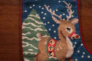 Vintage 90s Needlepoint Christmas Stocking Rudolph the Red - Nosed Reindeer Santa 2