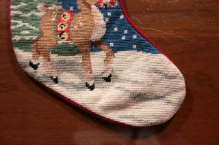 Vintage 90s Needlepoint Christmas Stocking Rudolph the Red - Nosed Reindeer Santa 3