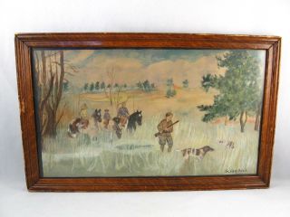 Antique/vintage Folk Art Watercolor Painting Hunting Scene Signed G.  Farrell