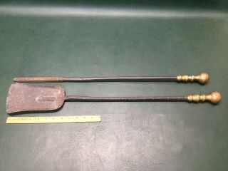 Two Antique Brass Handles & Cast Iron Fire Place Tools Shovel & Poker
