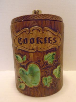 Vintage Treasure Craft Green Apple Wood Barrel Cookie Jar Made In Usa