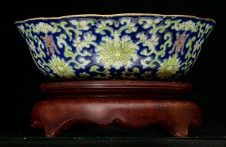 A Good Quality Chinese Porcelain Blue Bowl With Wooden Stand 20th Century