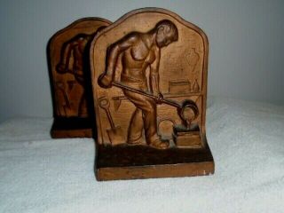 Vintage Bookends Steel Worker Cleveland Heavy Cast Iron Set 2