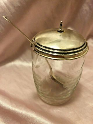 Vintage Etched Glass Jam / Honey Jar Sterling Silver Lid & Spoon,  3 1/2 " Tall