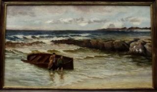 Low Tide Near Souter South Shields Antique Oil Painting Thos.  Whitehead 1914