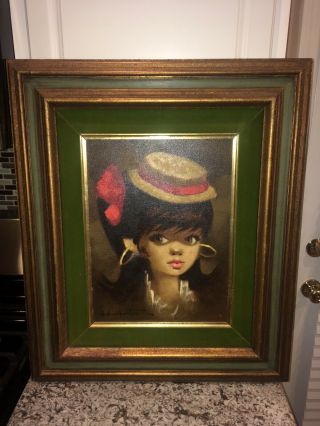 Vintage Big Eye Girl Painting By Listed Artist Chuck Oberstein Look