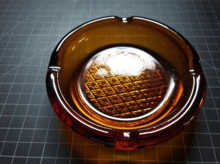 Vintage Heavy Amber Glass Ashtray,  6 Inch Diameter,  4 Slots Diamond Pattern