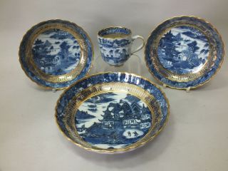 (10) Chinese Porcelain Cup & Saucer With Blue Landscape And Bright Gilding 18thc