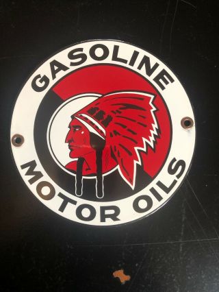Vintage Red Indian Gasoline Motor Oils 6 " Porcelain Metal Enamel Sign Gas Oil
