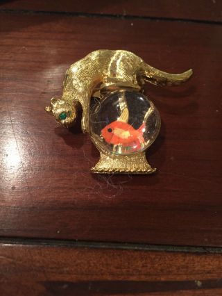 Vintage Signed Gold Crown Cat Pin Lucite Jelly Belly Fish Bowl Goldfish Kitty