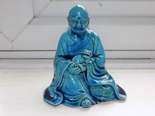 Antique Chinese Turquoise Blue Glazed Pottery Buddha Figure With Foo Dog H 11 Cm