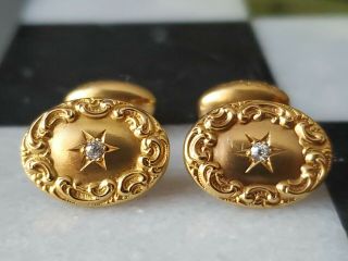 Vintage Ornate Solid 14k Yellow Gold Diamonds Cufflinks
