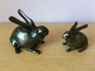 Pair (2) Japanese Vintage Okimono Bronze Rabbit Sculptures Ornaments Figurines