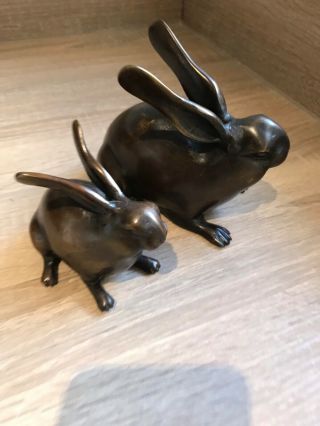 Pair (2) Japanese Vintage Okimono Bronze Rabbit Sculptures Ornaments Figurines 2