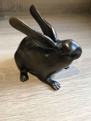 Pair (2) Japanese Vintage Okimono Bronze Rabbit Sculptures Ornaments Figurines 3