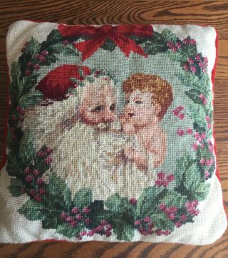 Vtg Christmas Needlepoint Pillow Santa Claus & Baby In Wreath Wool Velvet 14”