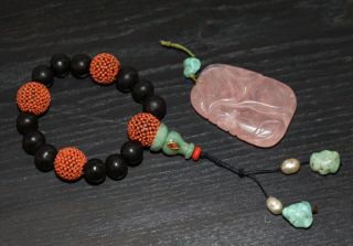 Antique Chinese Carved Jade & Tourmaline Bead Bracelet & Pendant,  Qing,  19th C.