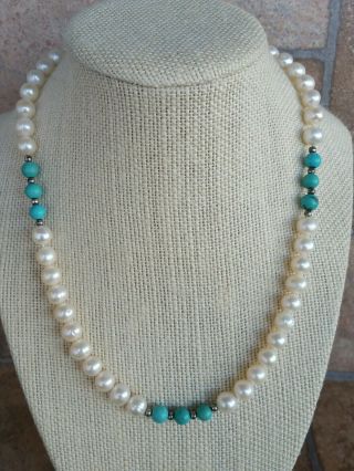 Vtg Sterling Silver Pearl & Turquoise Necklace W/ Langer 925 Magnetic Clasp 18 "