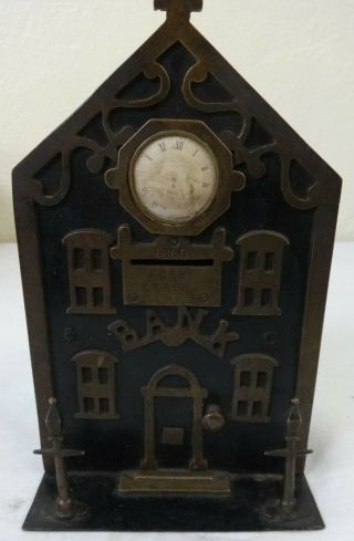 Rare Antique Cast Iron & Brass Penny Bank A.  Lee Smith 1865 Titled Bank Watchface