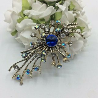 Vintage Jewellery Rivoli Crystal Ab & Clear Rhinestone Gold Tone Flower Brooch