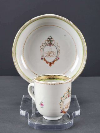Antique Chinese Export Porcelain Cup & Saucer Set,  Armorial,  18th Century