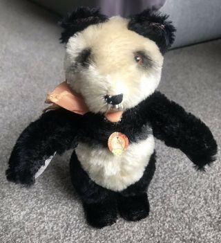 Rare Vintage 8” Steiff Panda Bear Mohair Fully Jointed W/id Stands On Own