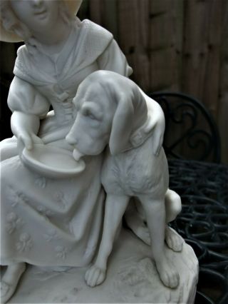 Antique 19thc Copeland Parian Figure Of A Girl & Bloodhound Dog C1867 - S Alcock