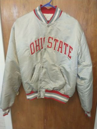 Vintage Ohio State Buckeyes Starter Silver Satin Snap Up Puffer Size Large