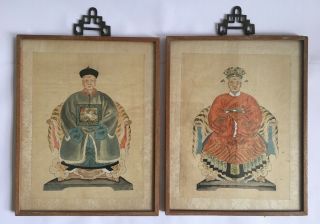 Antique Chinese Ancestral Portraits Watercolours On Silk Mounted Framed