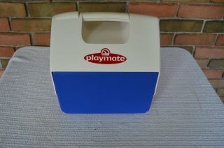 Vintage Igloo Playmate Push Button Handle Cooler Medium Size Blue White Euc