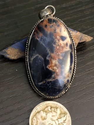 Vintage Native American Blue Sodalite Sterling Silver Long Oval Pendant 14g