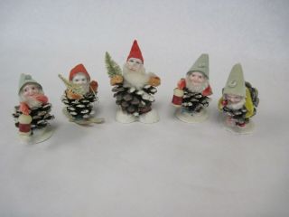 Vintage Pinecone And Chenille Pixie Santa Ornaments Made In Japan