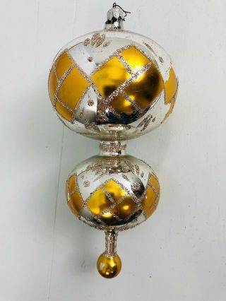 Vtg Christopher Radko Early 2 Tier Silver & Gold Harlequin Christmas Ornament