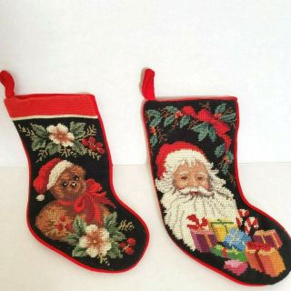 Vintage Imperial Elegance Needlepoint Christmas Stockings Santa And Teddy 1991