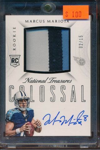 2015 National Treasures Marcus Mariota Rc Rookie 3 Color Jersey Patch Auto 2/15