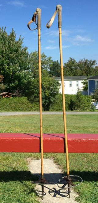 Lovely Old Bamboo Ski Poles 52 " Long Snow Skis W/ Leather Baskets Antique W@w