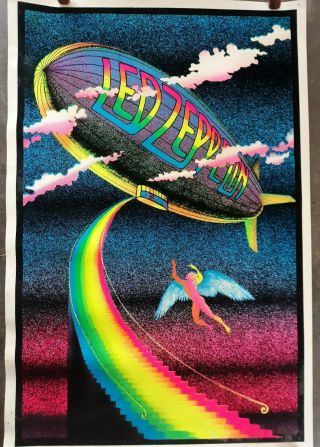 Vintage Led Zeppelin Stairway To Heaven Black Light Poster Velvet Flock 35 X 23