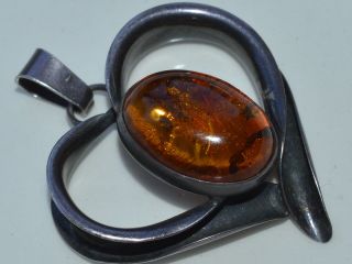 Stone Baltic Amber Vintage Pendant Honey Silver 925 Cognac Amulet Heart Love