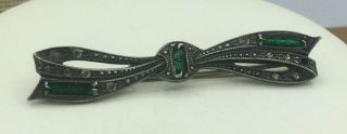 Vintage Sterling Pin 925 Silver Faux Emerald Rhinestone Bow Bar Brooch Art Deco