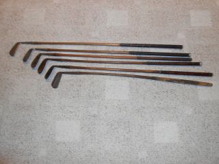 6 Old Antique Wood Shaft (hickory) Golf Clubs