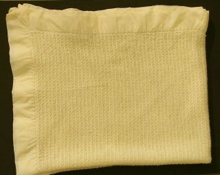 Vintage Yellow Acrylic Woven Waffle Weave Baby Blanket Satin Nylon Trim 35 X 42
