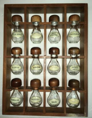 Vintage Teak Wood Spice Rack With 12 Glass Jars