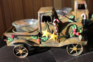 Vintage Metal Pickup Truck Holiday Motif Votive Tea Light Candle Holder Set Of 2