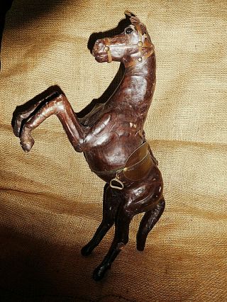 Vtg 15 " Dark Brown Leather Rearing Up Horse Statue Figurine Glass Eyes Brass Sti