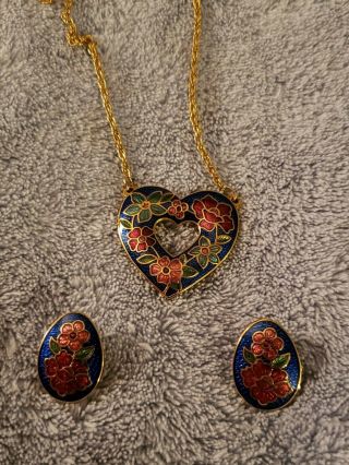 Vintage Avon Cloisonne Heart Pendant Necklace And Matching Earrings